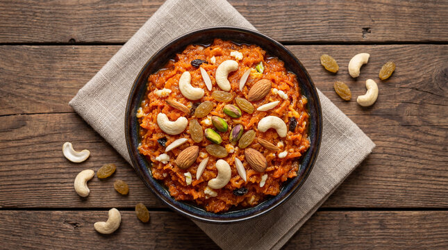 Gajar ka halwa, a traditional indian carrotbased sweet dessert pudding, garnished with cashews, almonds, pistachios, and raisins in a bowl