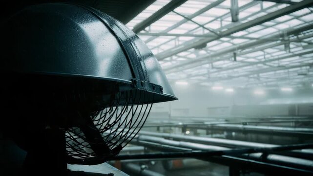 Large industrial fan in a humid factory interior, blades and metal pipes shrouded in mist and condensation, gritty warehouse atmosphere with cooling and ventilation systems