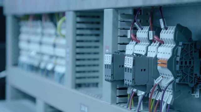 Rows of numbered white terminals with multi-colored wires in an electrical panel. Closeup. Shot in motion