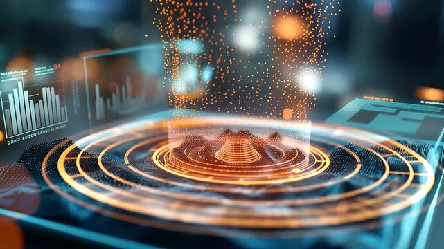 Isometric 3D render of a vivid futuristic HUD satellite scanning visualization a glowing terrain grid below with a precise target lock overlay and data readout panels flanking