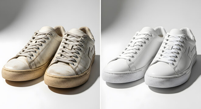 Before and After Professional Shoe Restoration Service | Dirty vs Clean White Leather Sneakers Comparison | Footwear Maintenance and Hygiene Concept | Laundry and Care for Premium Sport Shoes | Produc