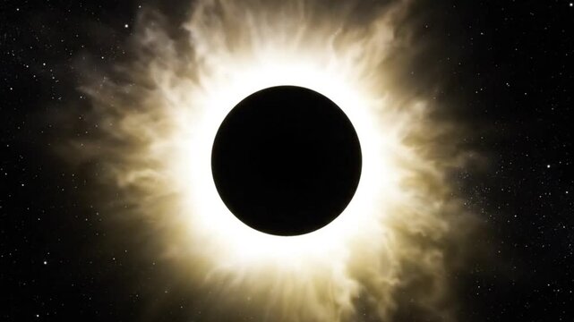 A total solar eclipse with a bright corona and a streak of light or comet passing through the dark void of space