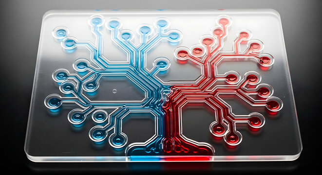  Lab-on-a-chip microfluidic device with blue and red fluidic tree networks. Advanced biotechnology hardware for medical diagnostics, chemical analysis research, and scientific laboratory tests.