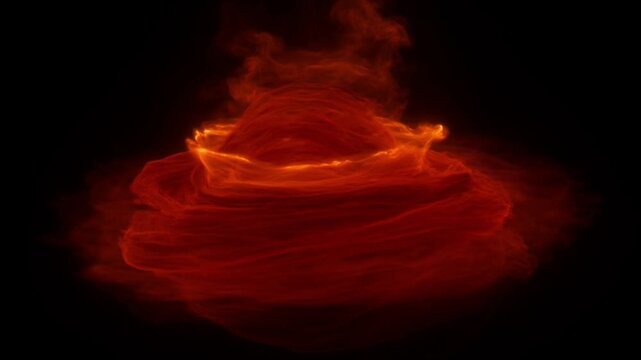 Abstract fiery glowing orange energy rings swirling vortex on black background