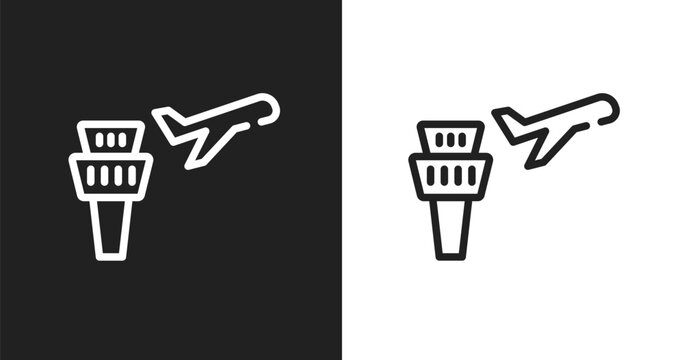 Airplane and airport tower icon. Linear black, white icon from airport collection. Outline airplane and airport tower vector. Thin line symbol isolated on white and black background