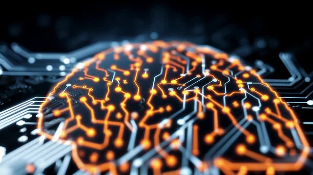 Abstract digital brain on a blue-orange circuit board background. Concept of artificial intelligence and technology
