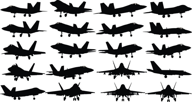 Collection of modern fighter jet silhouettes including supersonic military aircraft and stealth bombers isolated on a white background for graphic design.