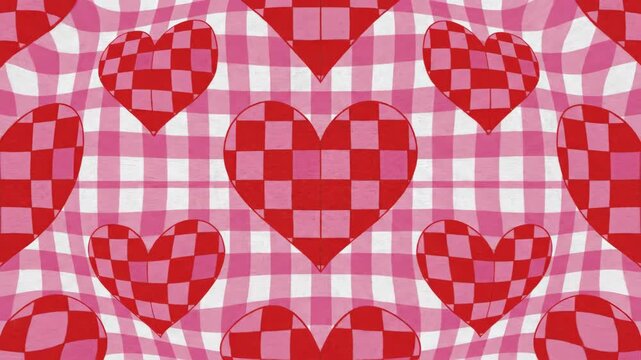 A red and pink vintage distorted love seamless pattern pulses with checkered romantic hearts on a pink gingham background.