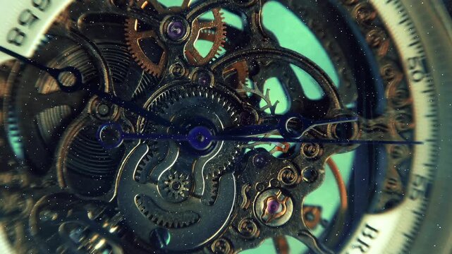 Beautiful internal structure of a skeleton wristwatch where shiny gears, wheels and hands move with bright bokeh. View through sparkling particles. Closeup. Macro