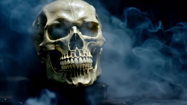 This shows a skull shrouded in smoke set against a dark and ominous background, evoking a sense of eeriness and foreboding.