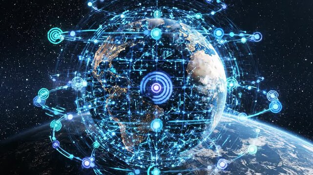 A digital network forms a glowing cyber-protect security sphere, its globe-shaped connections symbolizing global communication and technology.