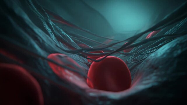 Red blood cells traveling inside a blood vessel, representing concepts of human health, medicine, circulation, internal body systems, and detailed biological science at a cellular level