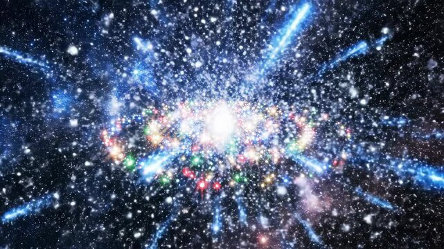 A festive Christmas night sky glows with starlit blue and black textures as a galaxy of holiday light pulses with warmth and wonder.