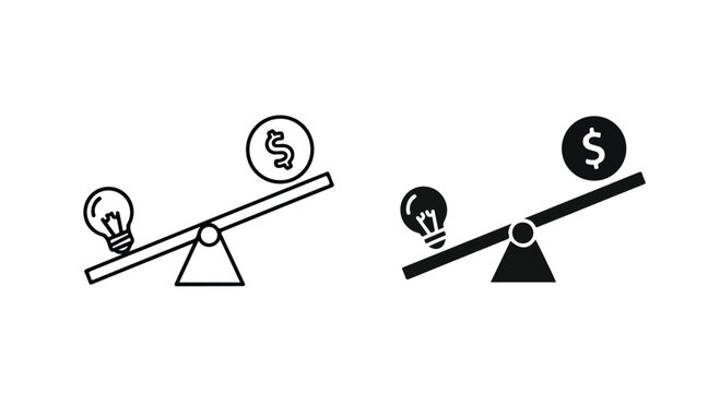 Balance scales comparing a light bulb representing ideas against a dollar sign representing money and investment