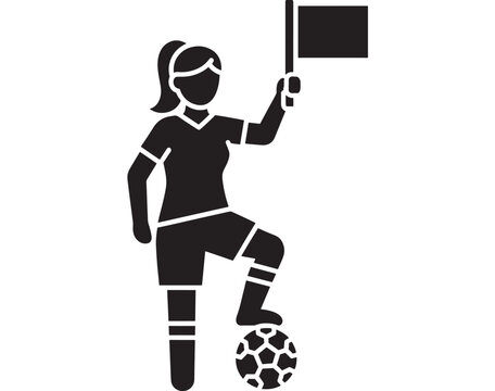 Referee holding flag while standing on soccer ball in dynamic pose with black silhouette featuring football, sports, icon with illustration and