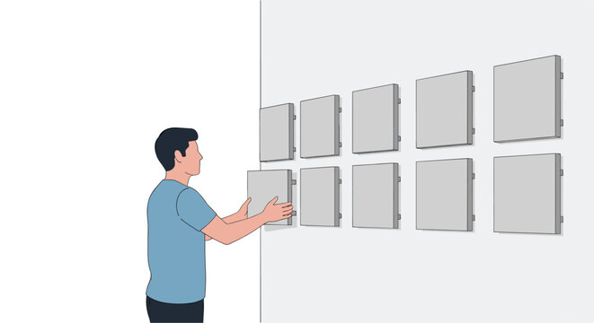 A man in a blue t-shirt is installing a grey square panel onto a white wall with other panels already mounted.