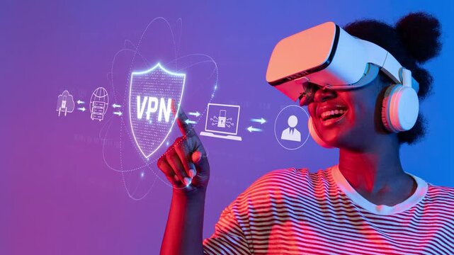 A woman wearing a virtual reality headset interacts with a vibrant VPN graphic, highlighting digital privacy and secure browsing in a modern, colorful setting. Raster