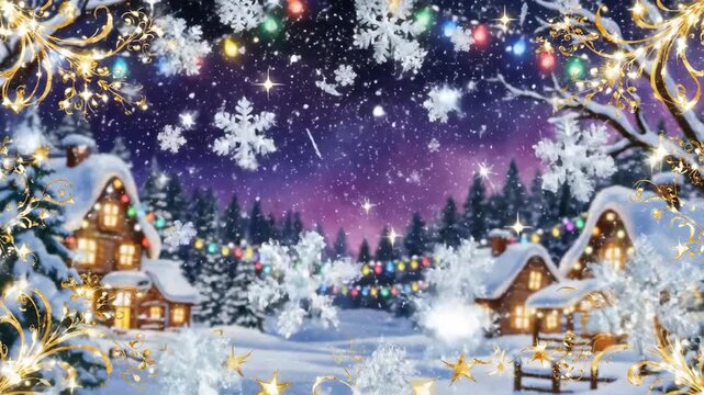 Snowflakes and snowfall descend across a winter holiday background in a beautifully illustrated Christmas scene.