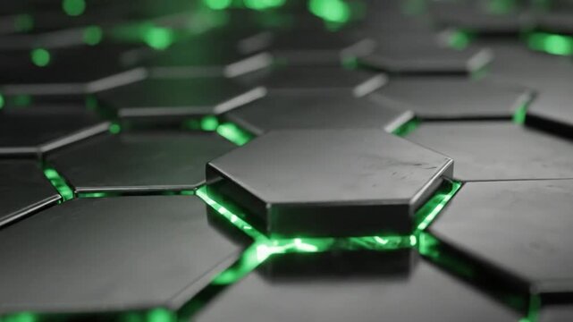 Abstract futuristic background with dark metallic hexagonal tiles and glowing green light emanating from the gaps between them