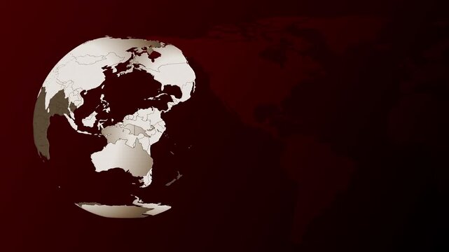 Breaking news style animation template with rotating globe and moving dotted world map background, copy space for custom text or graphics, ideal for broadcast, media, and global news intros