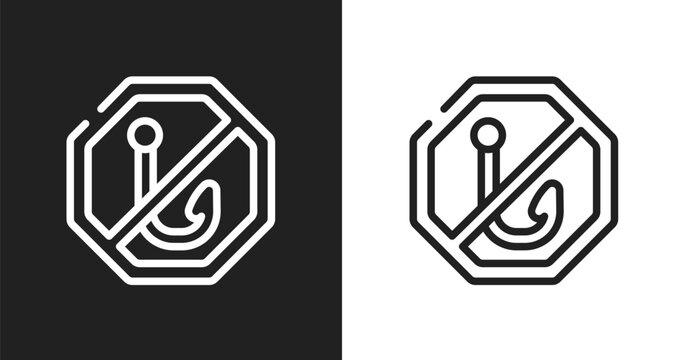 No fishing icon. Linear black, white icon from pictograms collection. Outline no fishing vector. Thin line symbol isolated on white and black background