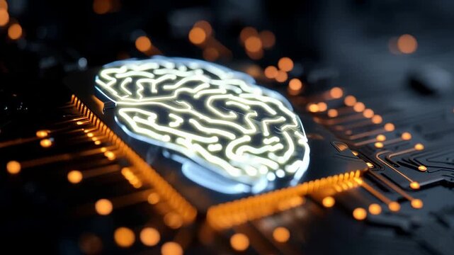 Abstract digital brain on a blue-orange circuit board background. Concept of artificial intelligence and tech