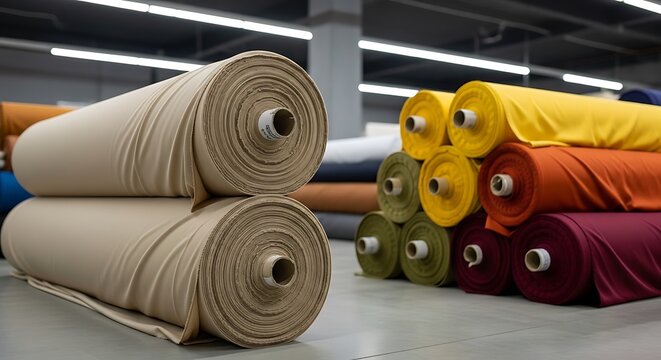 Large rolls of colorful fabric stacked in a warehouse, focus on texture and quantity
