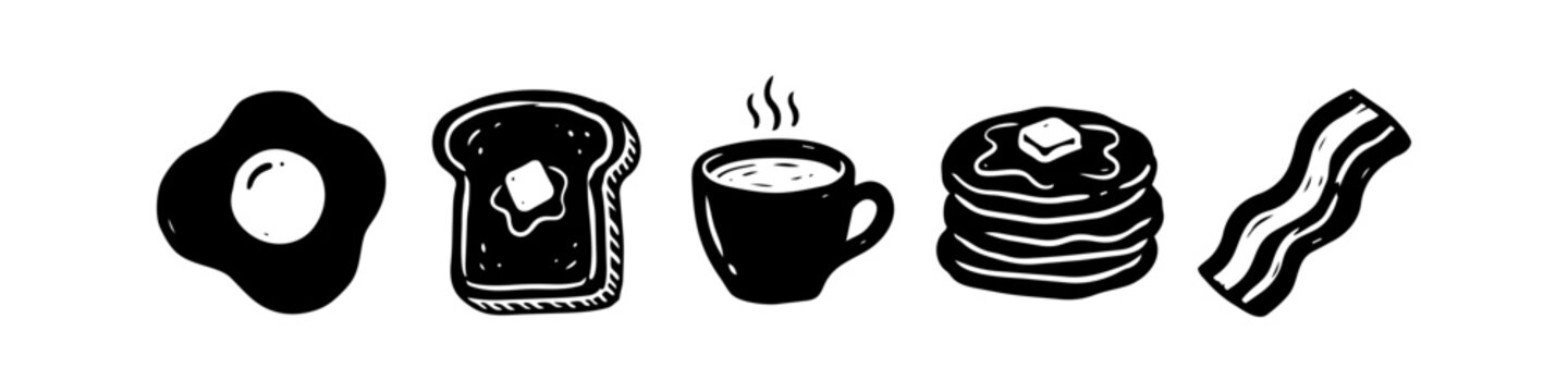 A set of minimalist black and white flat illustrations representing software development, mobile app design, cloud computing, coding, and technical workflow with stylized people.