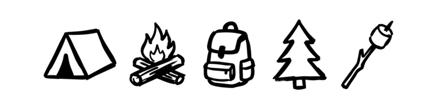Hand-drawn camping icon set featuring a tent, campfire, backpack, pine tree, and roasted marshmallow. Black ink doodle style on white background, perfect for outdoor adventure designs.