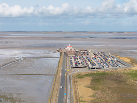 Holwerd ferry terminal to Ameland aerial view Wadden Sea