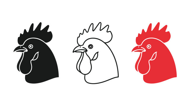 Three stylized rooster heads in black, white, and red, depicted in a simple line art style against a clean white background.