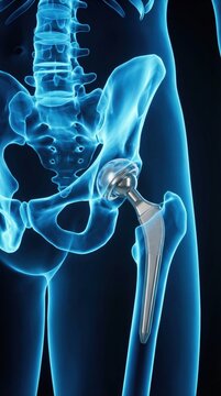 Glowing blue X-ray concept of a human pelvis with an artificial hip joint replacement implant. Medical orthopedic 3D illustration.