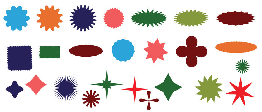 Minimalist geometric vector elements collection featuring modern abstract shapes. Includes clean icons, labels, stars, floral patterns, circles, and zigzag-edged forms in a simple, balanced style.