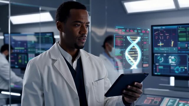 This shows a scientist in a lab coat analyzing genetic data on a computer screen while holding a tablet in a modern laboratory setting.