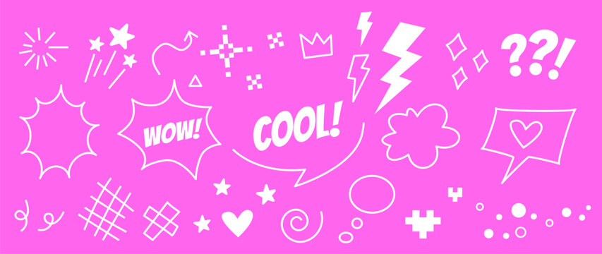 Playful doodle icon set with speech bubbles, chat symbols, hearts, lightning. Cute expressive elements for messaging, social media posts, apps, user interface design. Modern digital sticker collection