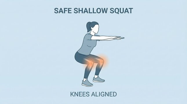 Woman demonstrating proper safe shallow squat form, keeping knees aligned and body posture correct, emphasizing gentle exercise technique for fitness and knee health