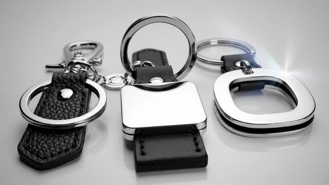 A silver-toned metal keyring with a leather keychain and trinket holder in a realistic corporate identity template set is presented in clean isolation.