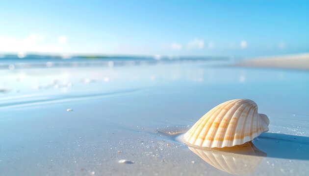 A single shell rests on the wet sand at the ocean's edge with blue sky above