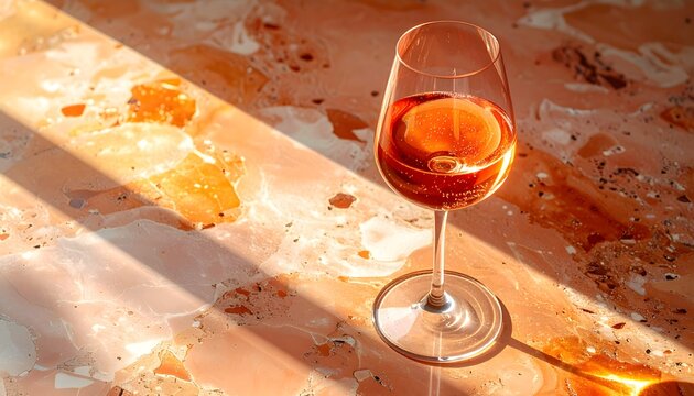 A glass of rose wine sits on a speckled marble surface bathed in sunlight