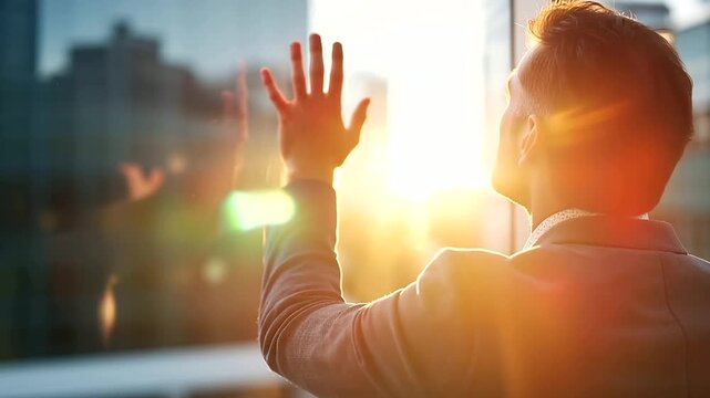 Sunlit outdoor scene of a faceless entrepreneur from behind standing at a bright glass office window one hand pressed to the glass with a small target sticker visible on the