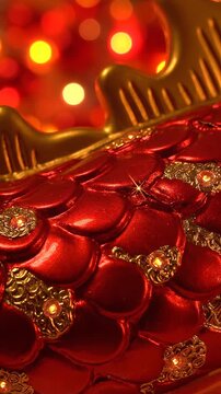 A close-up of a decorated red and gold object with intricate patterns and lights