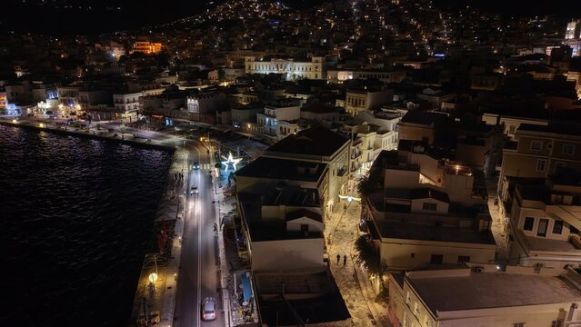 Aerial of City Street at Christmas Night Syros-Ermoupoli