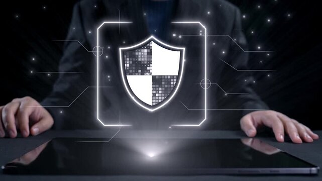 Visual representation of cybersecurity principles with shield graphics, highlighting data protection and safety measures against cyber threats in a digital landscape. Qubit