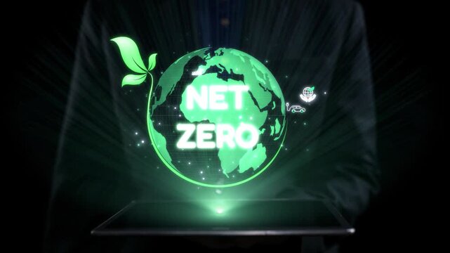 Conceptual representation of net zero goals with glowing earth, sustainability icons, and green elements symbolizing environmental awareness and climate action.. Qubit