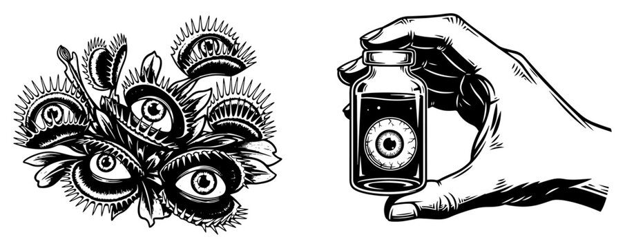 Carnivorous venus flytrap plants with eyes and hand holding glass bottle in surreal woodcut style