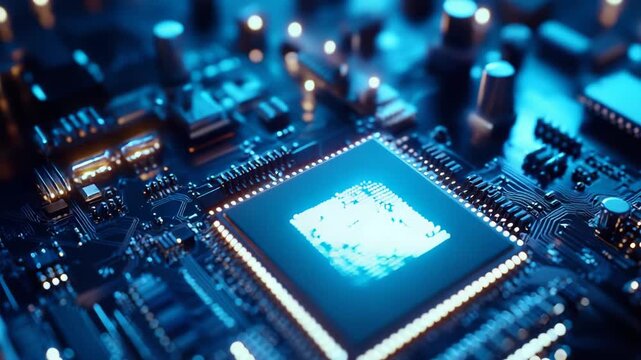 Central processing unit integrating into a blue circuit board. Representing advanced digital technology. Computing power. Artificial intelligence. And electronic data processing for modern innovation