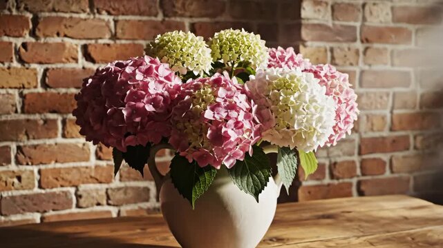On a warm wooden table set against a textured brick wall, a vase of pink and white hydrangeas creates a stunning floral centrepiece that fills the interior with natural colour and soft beauty.