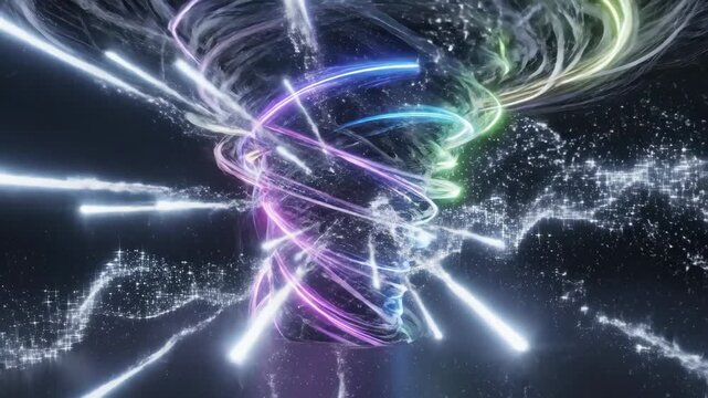 An abstract shining vortex flare waves with power across the frame in a dynamic design. Hurricane-like spirals of neon sparkle and white flare spin with futuristic glow and stardust magic.