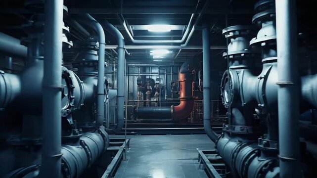 Complex industrial piping systems, pumps, and metal machinery create a powerful network in a dimly lit factory engine room, symbolizing energy, engineering, and manufacturing