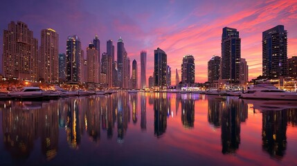 Obraz premium Tall buildings in Dubai Marina glow at dawn.
